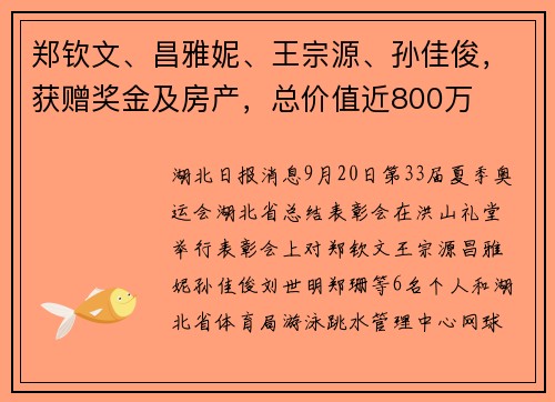 郑钦文、昌雅妮、王宗源、孙佳俊，获赠奖金及房产，总价值近800万