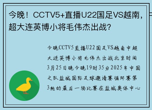 今晚！CCTV5+直播U22国足VS越南，中超大连英博小将毛伟杰出战？