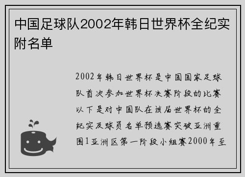 中国足球队2002年韩日世界杯全纪实附名单