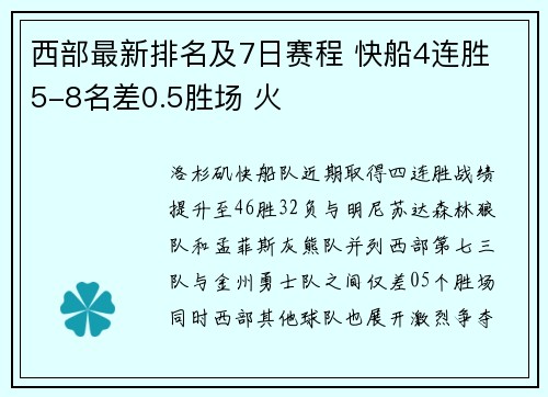 西部最新排名及7日赛程 快船4连胜 5-8名差0.5胜场 火