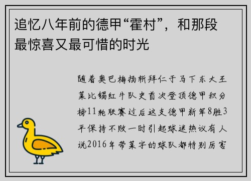 追忆八年前的德甲“霍村”，和那段最惊喜又最可惜的时光