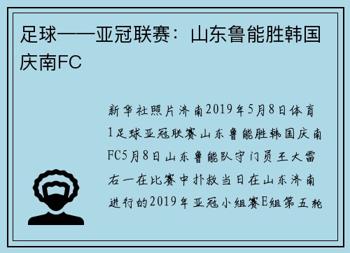 足球——亚冠联赛：山东鲁能胜韩国庆南FC